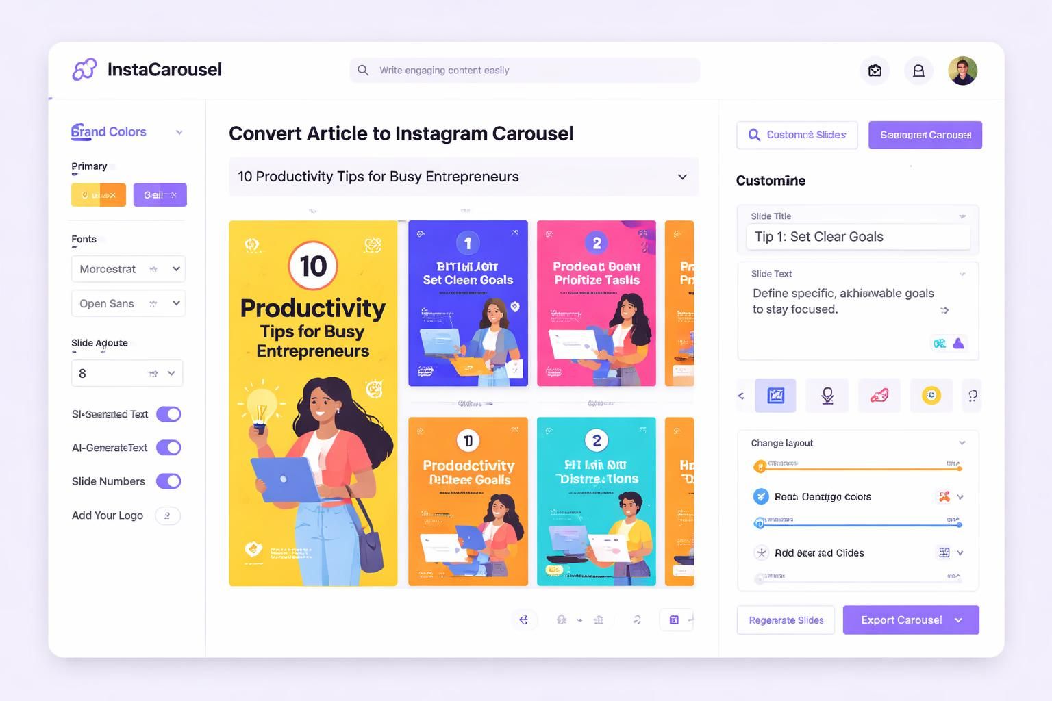 instacarousel transforme automatiquement vos articles en slides attrayantes prêtes à être publiées, facilitant ainsi votre marketing sur les réseaux sociaux.